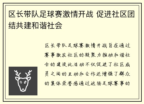 区长带队足球赛激情开战 促进社区团结共建和谐社会