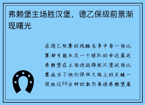 弗赖堡主场胜汉堡，德乙保级前景渐现曙光